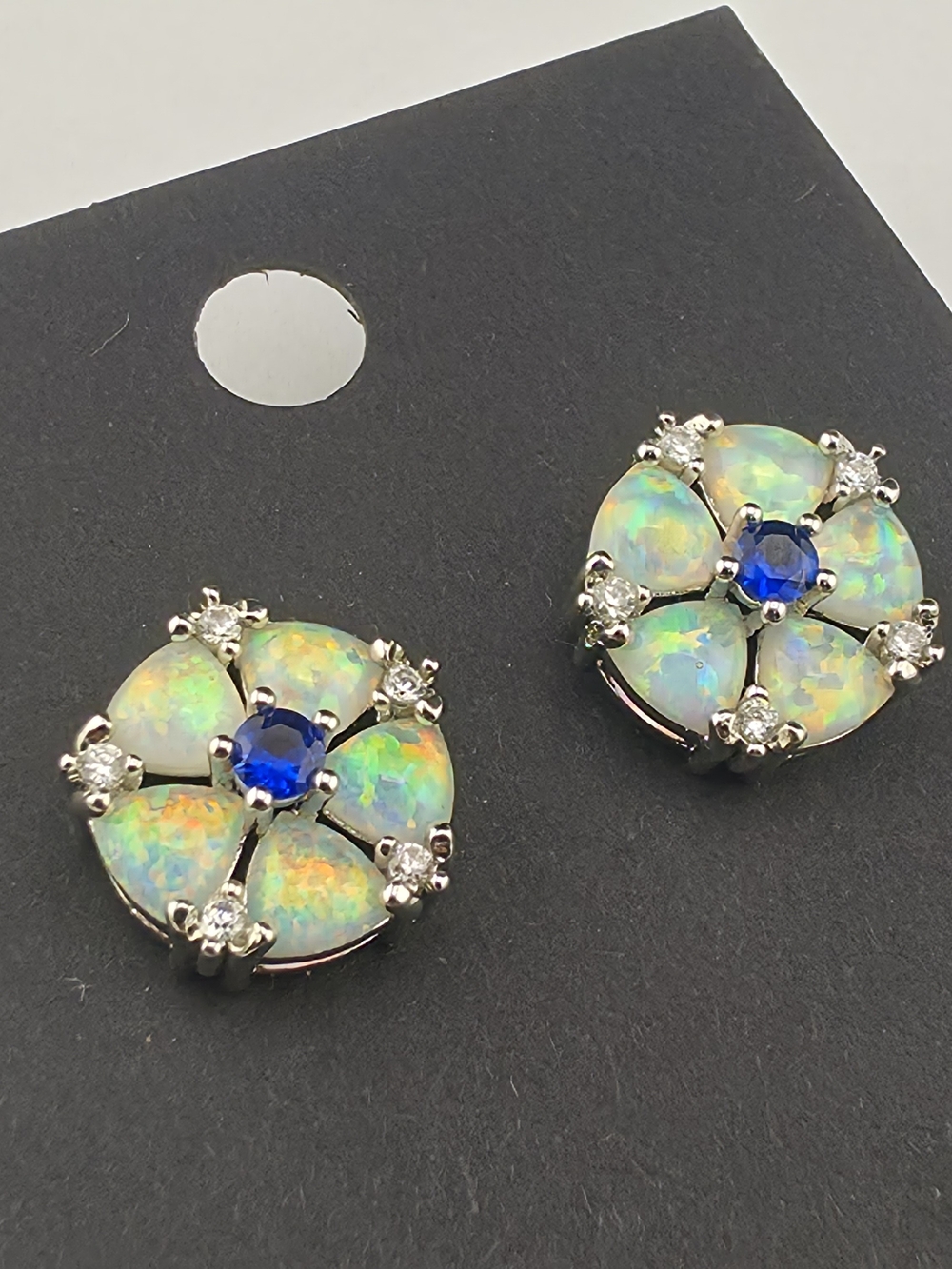 Lab Opal Blue Crystal Floral Stud Earrings - White Gold Plated